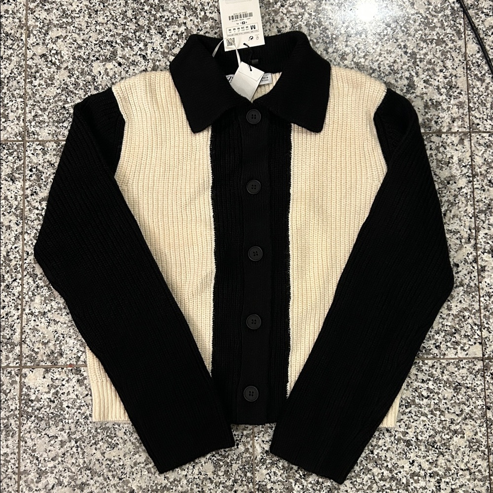 Zara Black and Cream Button-Up Knit Cardigan